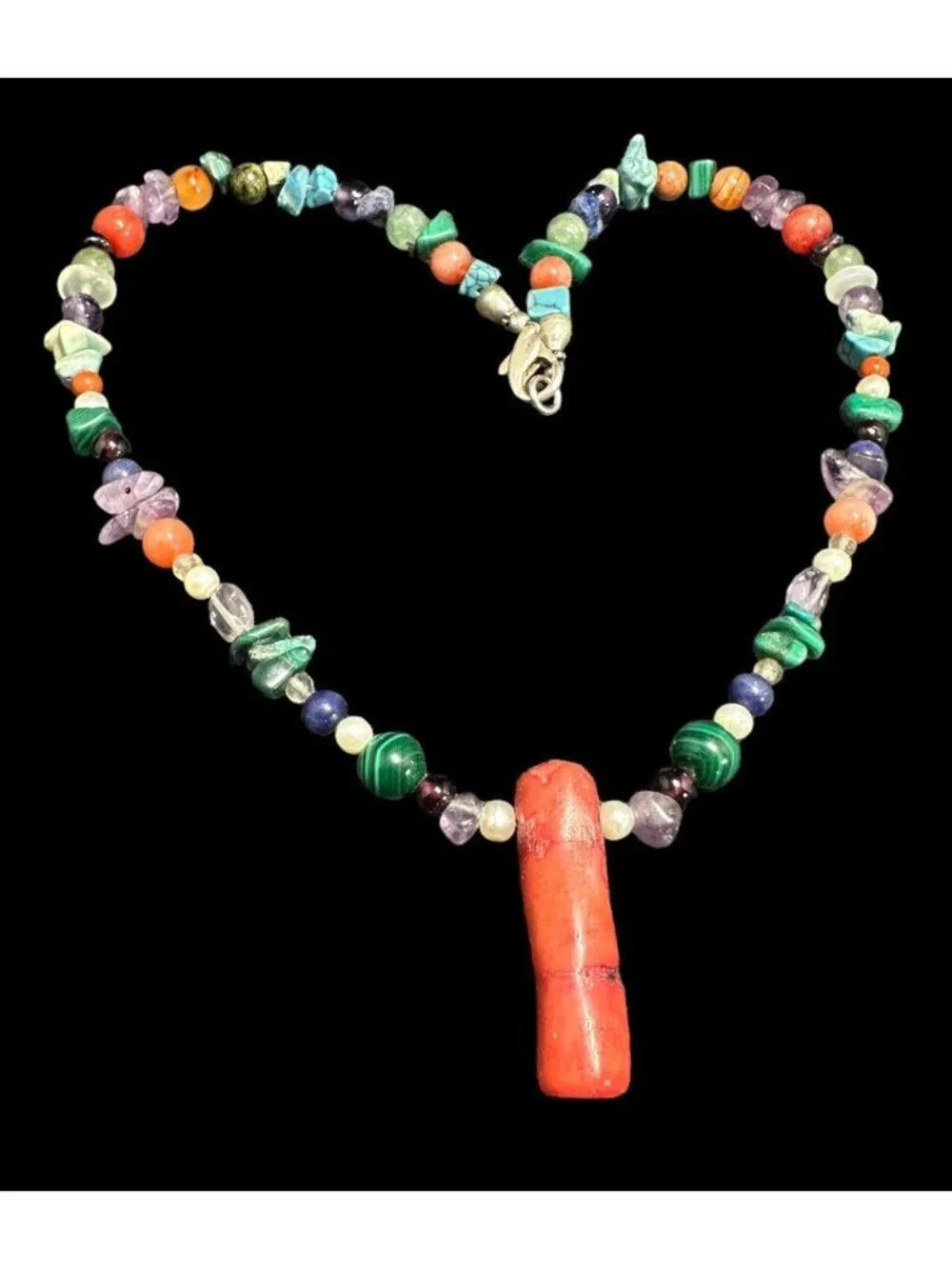 Southwestern Multi Gemstone Beaded Necklace 925 Clasp Coral Statement Pendant